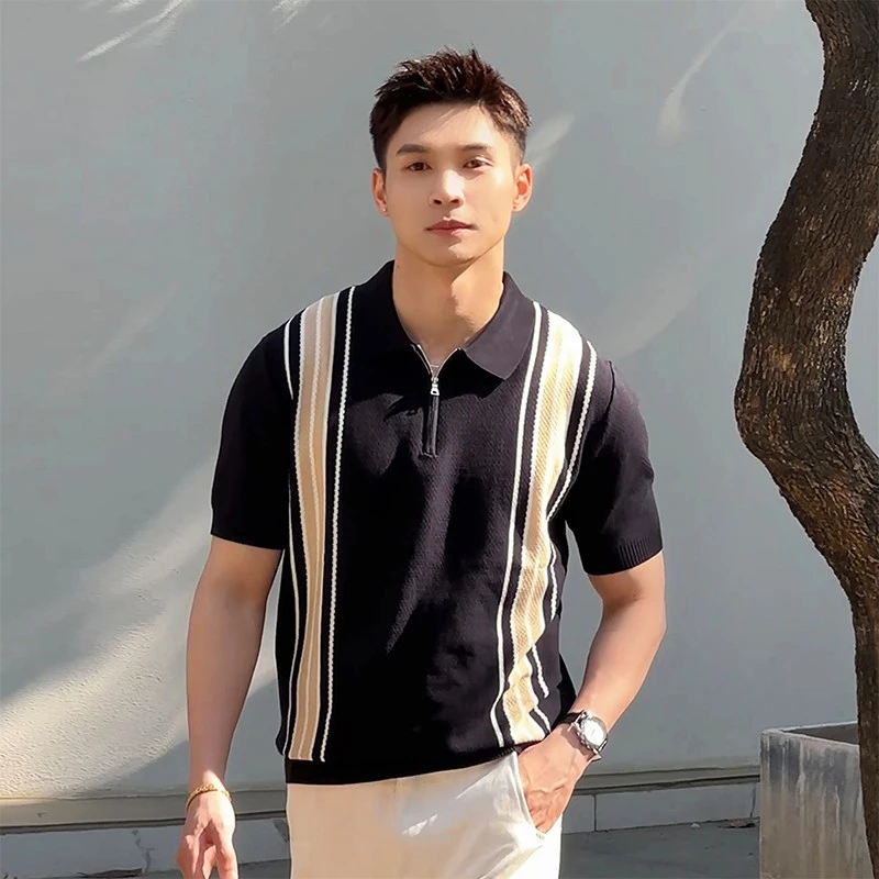 轻熟风复古撞色针织Polo衫男士短袖夏季半拉链修身五分半袖t恤衫