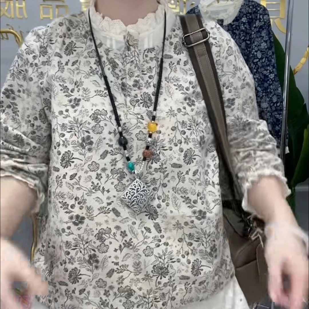 Y文艺森系花边立领长袖新款复古磨毛印花