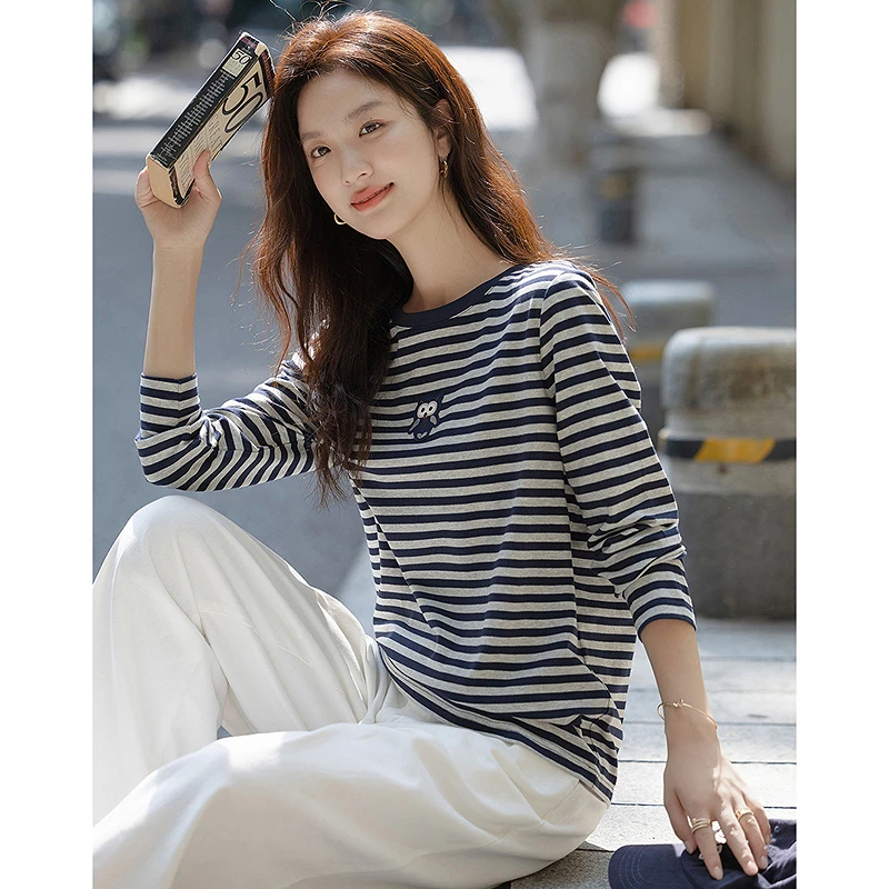 dme德·玛纳条纹自由派春秋松弛感撞色长袖可爱贴布绣女式t恤