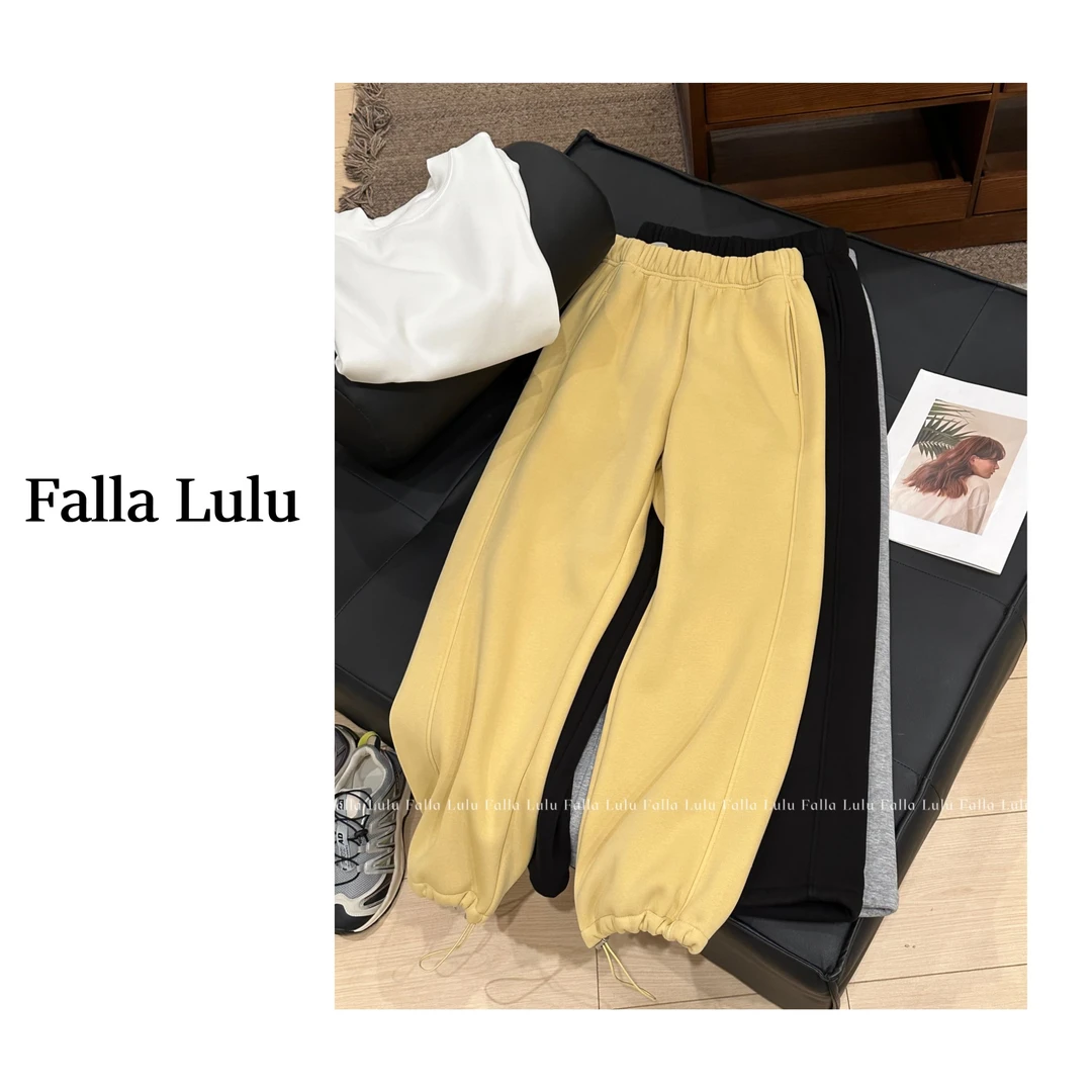 @英子家 人手自留加绒加厚松紧高腰休闲直筒阔腿裤束脚卫裤Y4675