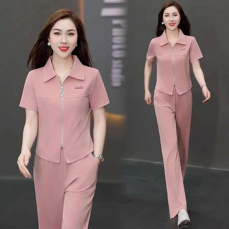 冰丝运动套装女2025夏季新款洋气显瘦翻领短袖上衣阔腿裤两件套潮