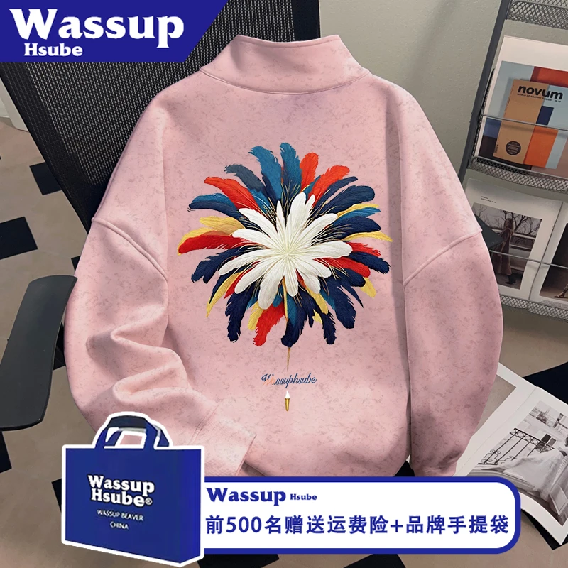 WASSUP HSUBE彩色羽毛印花半拉链立领卫衣秋冬男女款粉色蜡染上衣