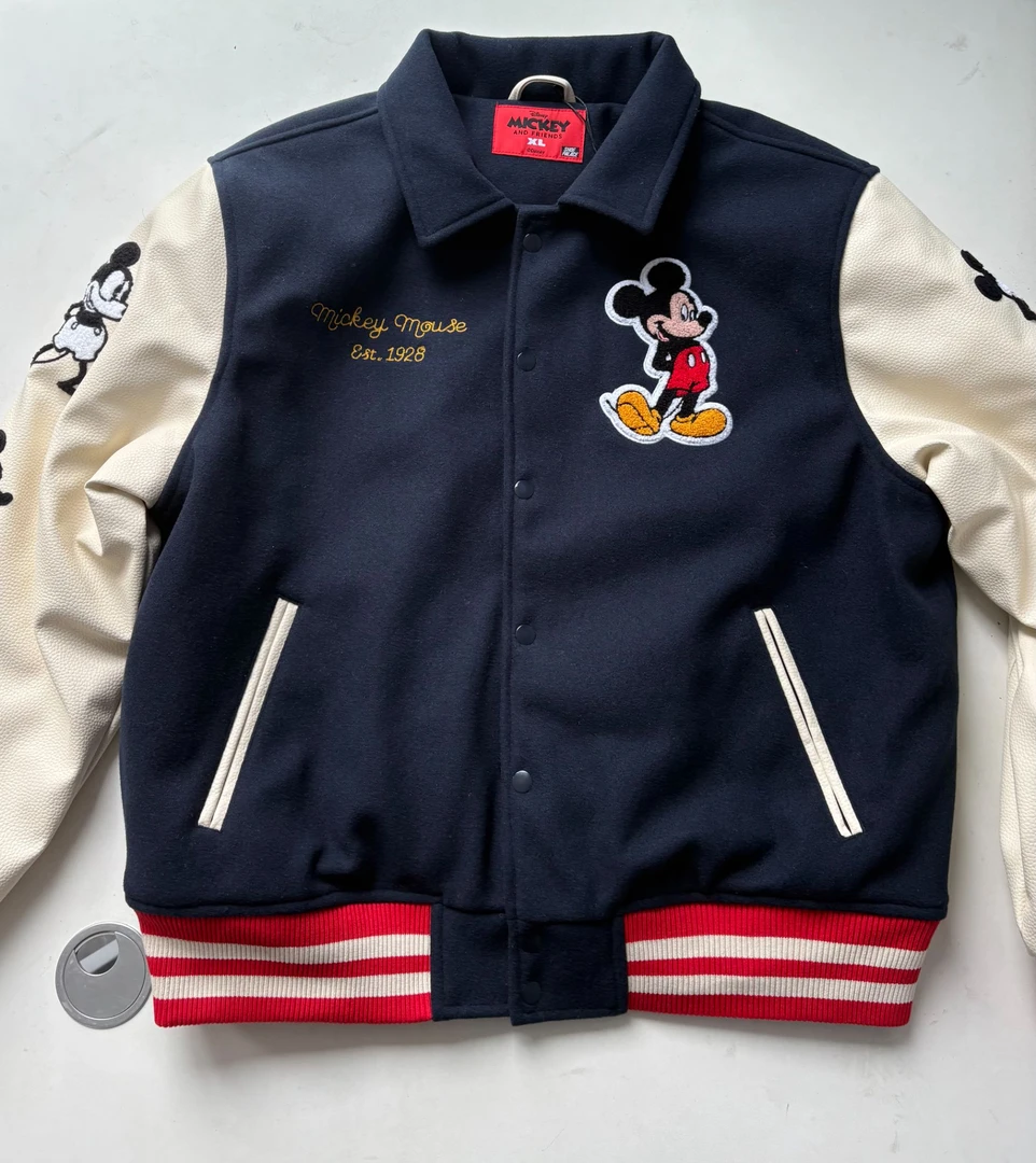 美式棒球服外套：米奇藏青色翻领  秋冬款重磅男女款百搭休闲时尚
