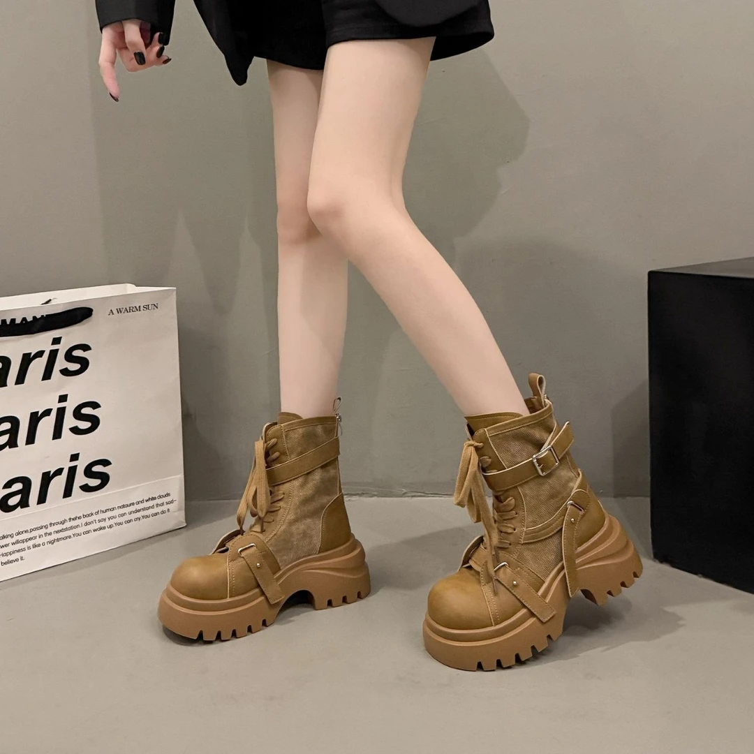 新款复古靴子2025春秋季适用女士显高挑厚底时尚超大码中筒新款超