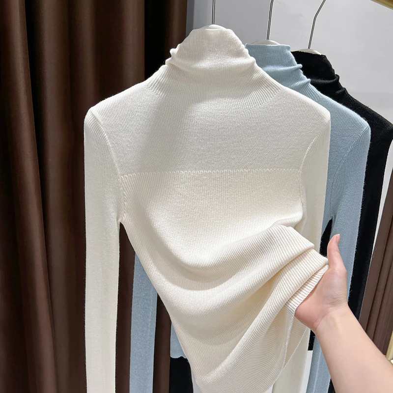 米白色气质温婉坑条纹理针织打底衫秋冬时尚新款堆堆领有弹力上衣
