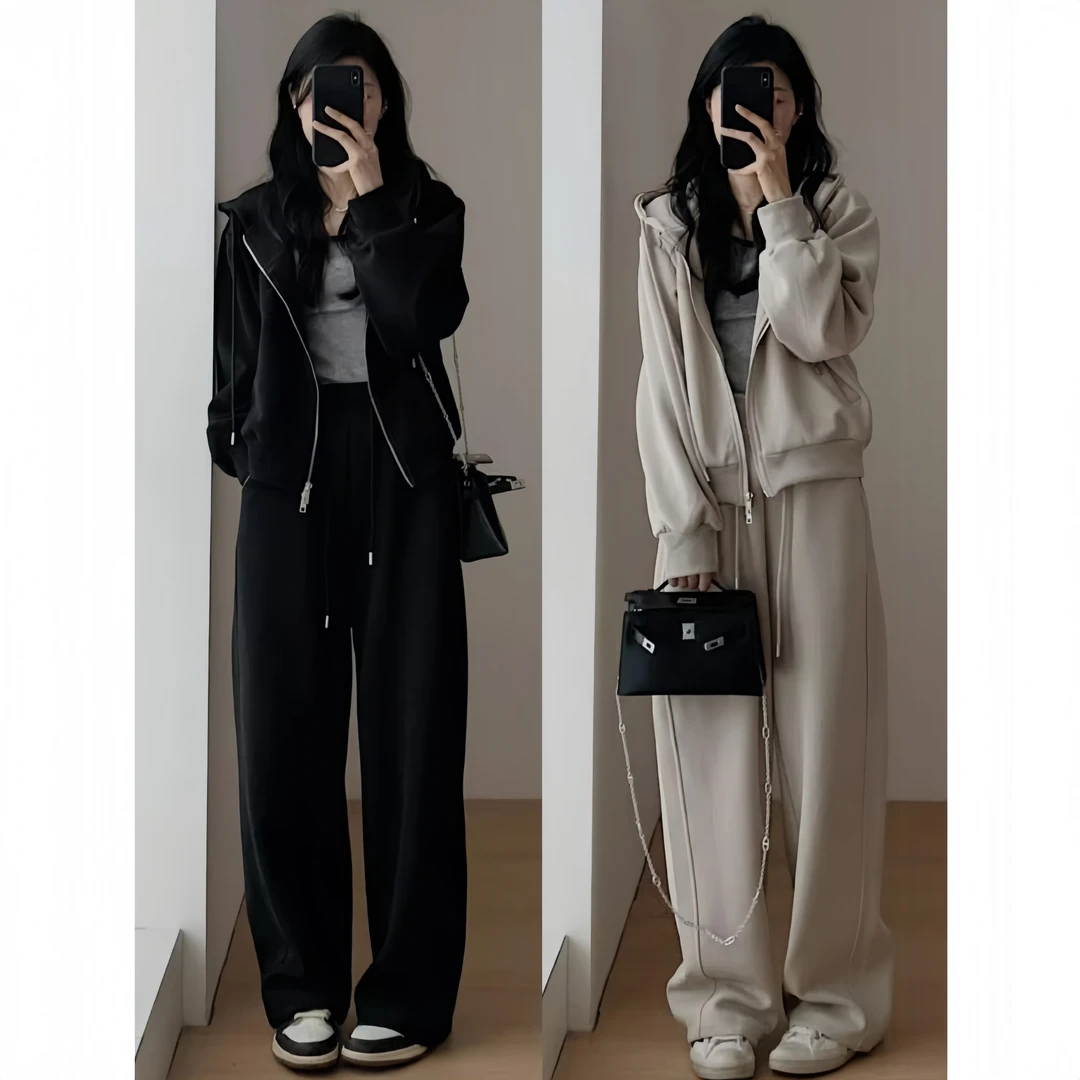 大码女装秋装连帽外套宽松显瘦卫衣遮肉减龄休闲裤炸街秋季两件套