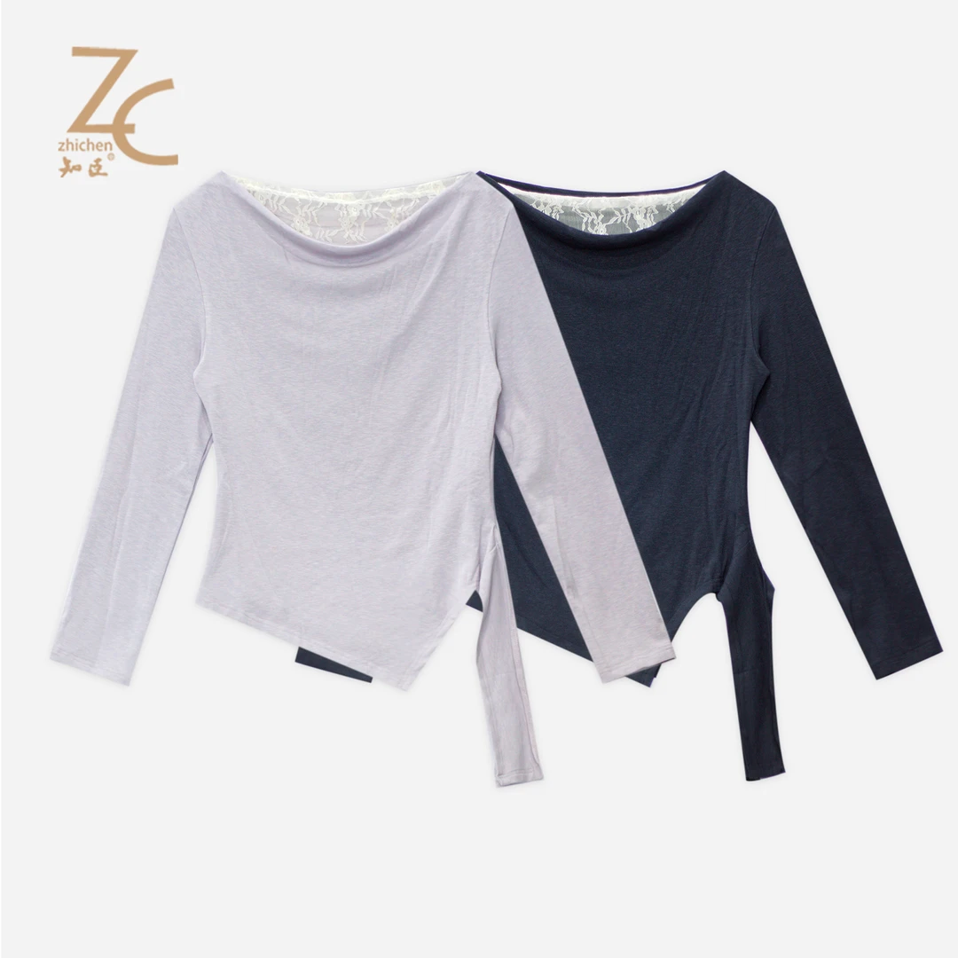 知臣秋季新品 两色蕾丝拼接自然垂领多种穿法上衣女 T25813038