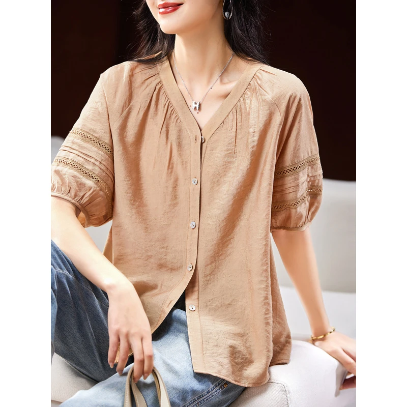 衣品乐原创宽松大码夏季新款女装简约V领钩花镂空衬衫C2205