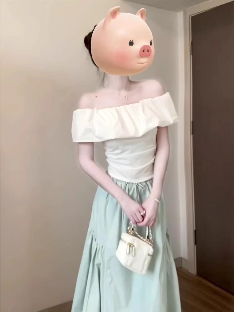 大码气质白色一字肩露肩短袖t恤女夏别致绝美设计感小众短款上衣