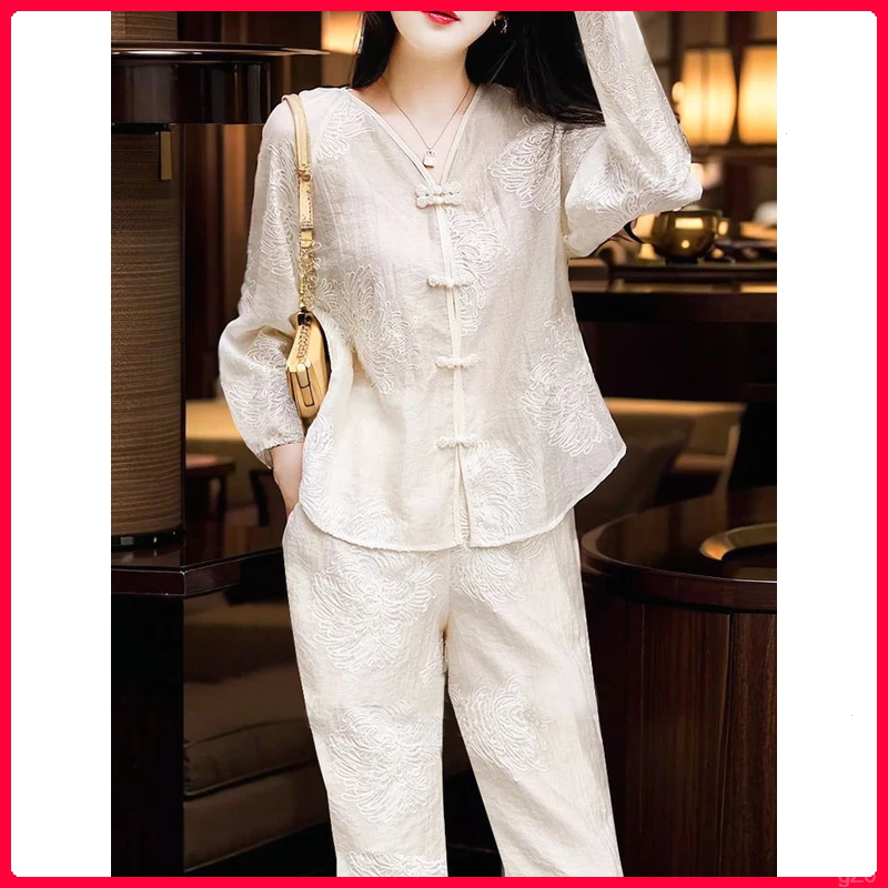 2025年春季新款轻薄微透高级感国风提花盘扣衬衫直筒裤两件套装女