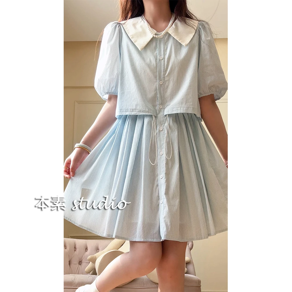 新生报到Y2809条纹腰部抽绳全开扣娃娃领短袖连衣裙