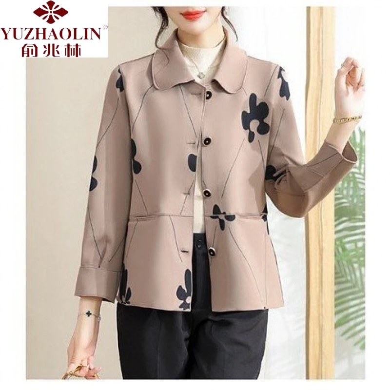 俞兆林中年妈妈春装薄款外套中老年女新款春印花时尚翻领洋气风衣