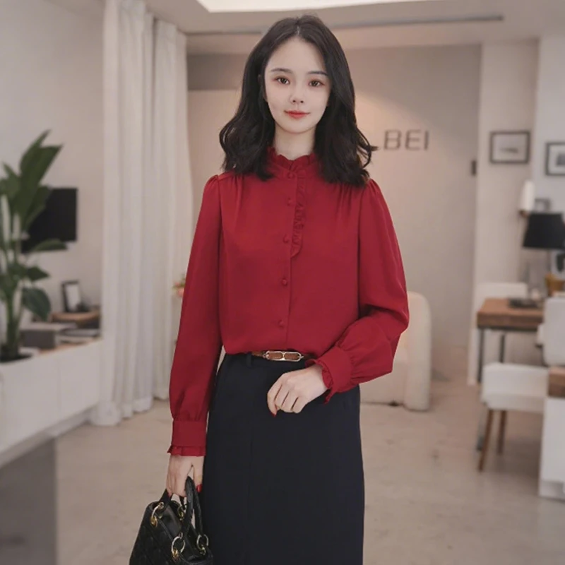 安哥拉红木耳边衬衫春季女装2025新款高级感洋气独特别致显瘦上衣