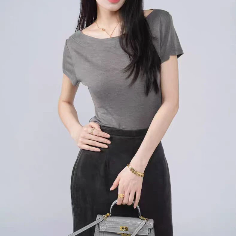 莱赛尔蚕丝混纺显瘦百搭夏季纯色女针织衫简约半袖时尚韩版一字领