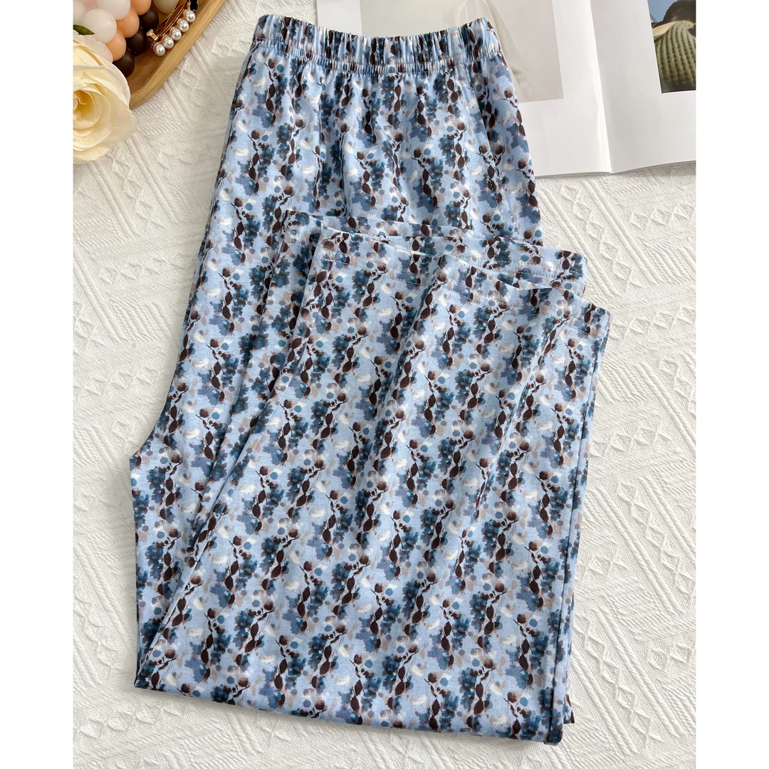 【水墨兰花】透气有口袋八分裤新疆纯棉外穿宽松直筒中年妈妈居家裤