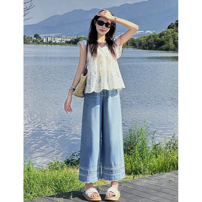 乔栈莱赛尔天丝花边刺绣小个子阔腿牛仔裤女夏季薄款高腰垂感直筒