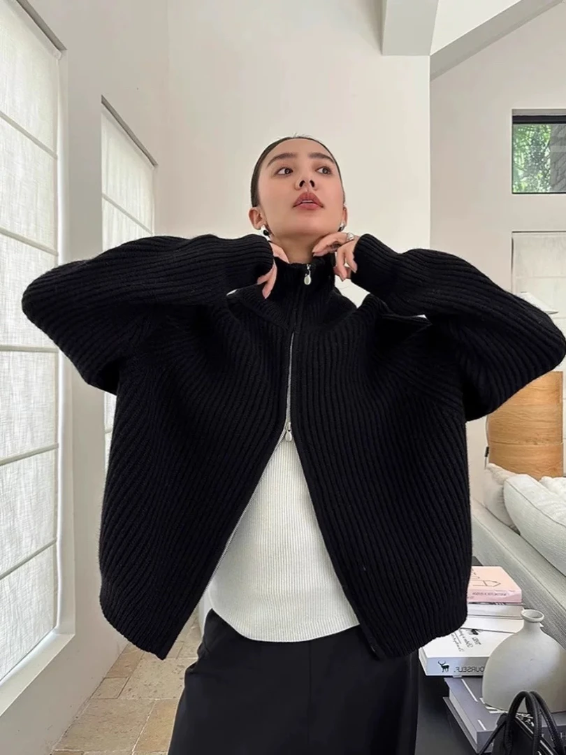 8730双拉链灰色针织开衫女高领通勤外穿宽松毛衣外套