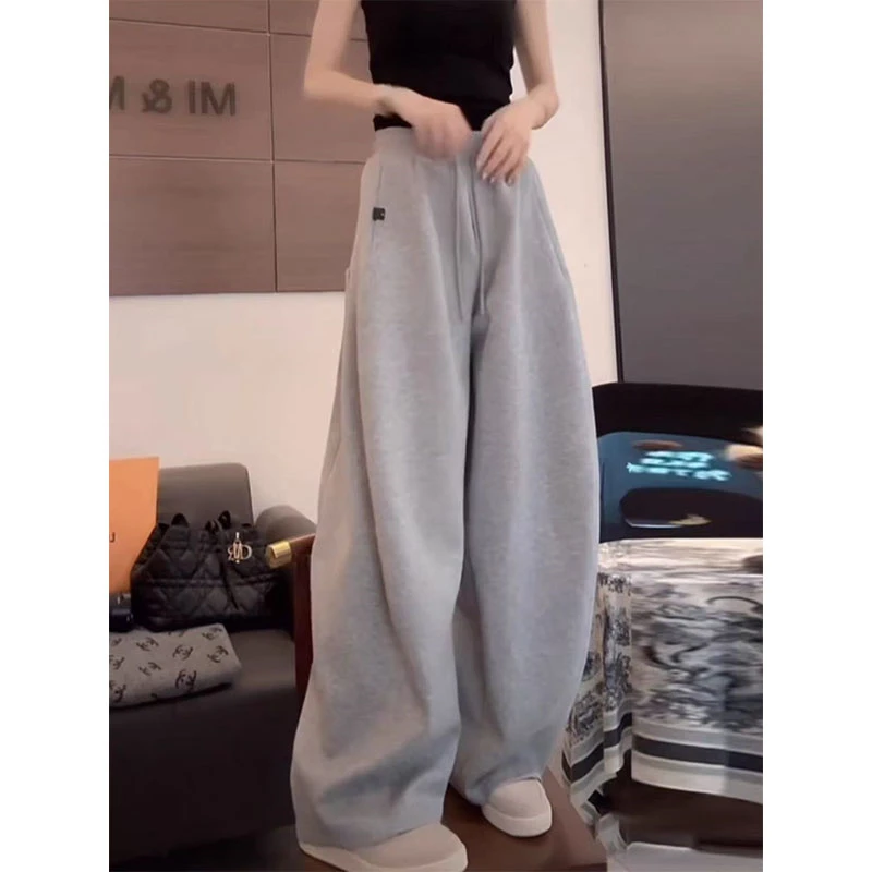 早秋时尚休闲百搭宽松阔腿灰色休闲裤女慵懒风抽绳松紧腰直筒长裤