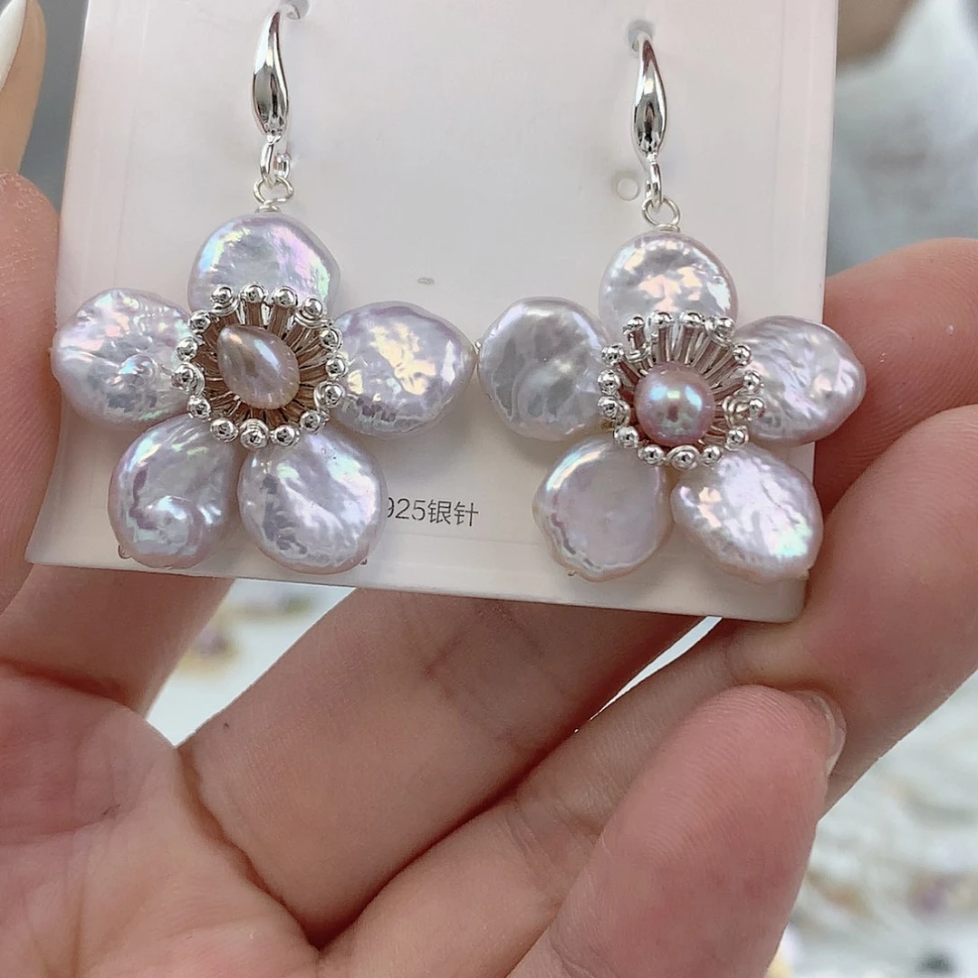 银S925镶嵌耳饰淡水珍珠纽扣耳钩