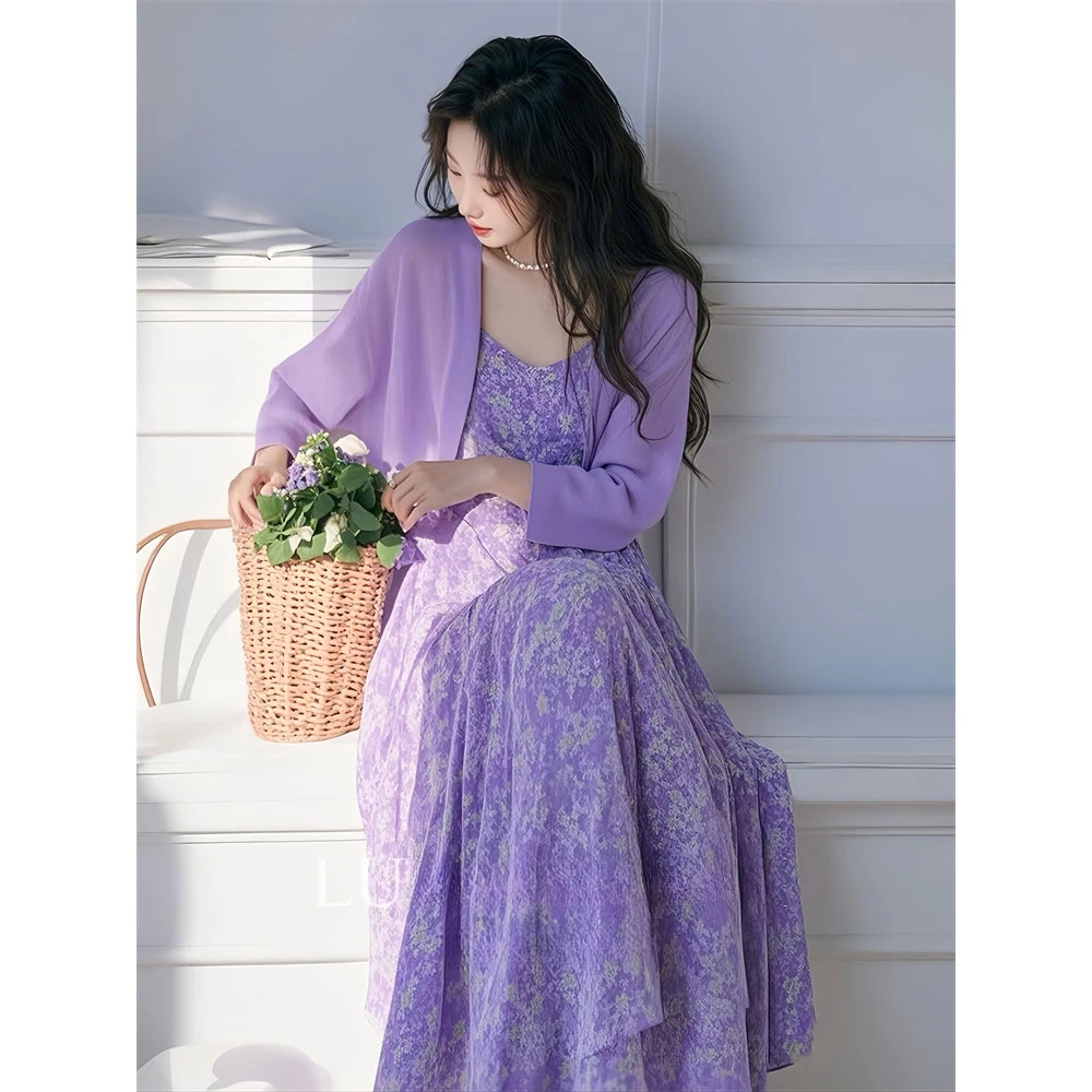 2025新款早秋套装女韩系温柔风穿搭紫色薄开衫外套配碎花裙两件套