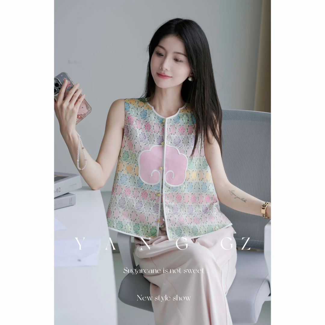YANG GZ【百花争艳】新中式多彩花卉图案开衫马甲女 GZ5152GL656036