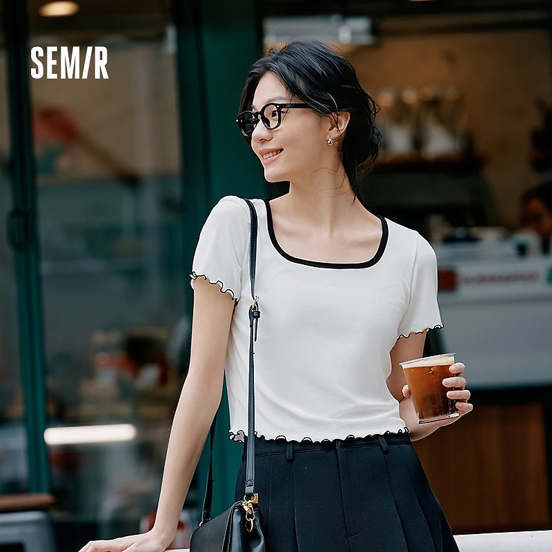 森马短袖T恤女修身显瘦打底衫方圆领内搭薄款夏季上衣甜美木耳边