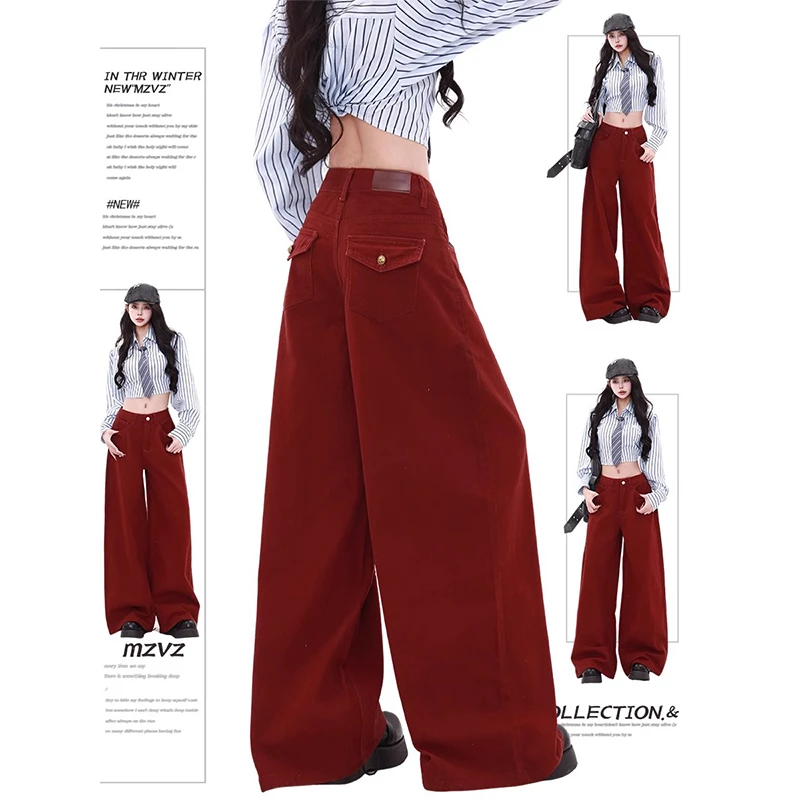 美式复古安可拉红色工装牛仔裤女冬季2025新款高腰宽松直筒阔腿裤