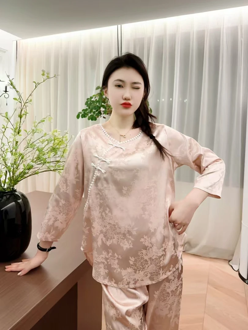 春夏新款家居服国风中式盘扣大码宽松女提花印花家居服套装1013-1