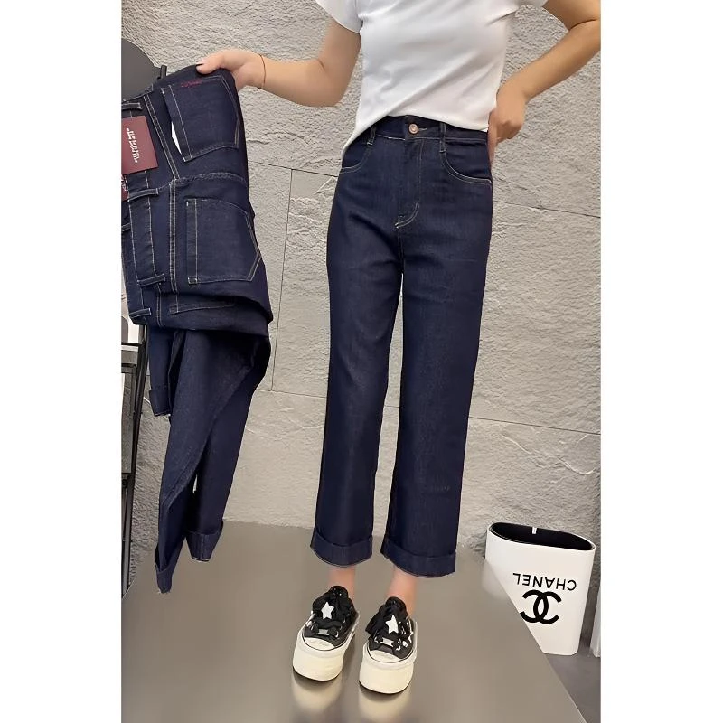 梨形身材穿搭显瘦直筒法棍裤2025早秋新款大码高腰百搭宽松牛仔裤