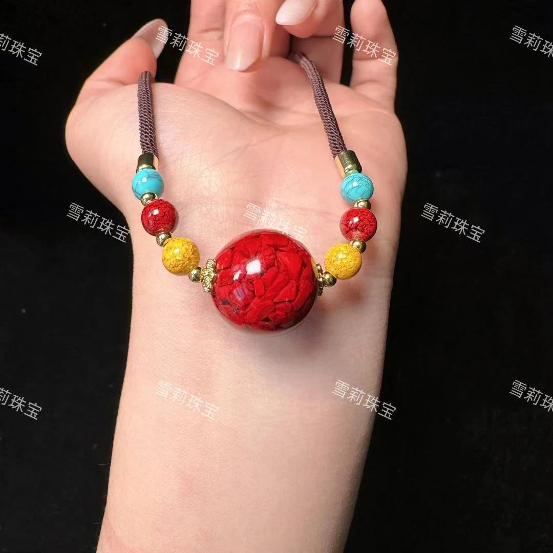 含辰砂工艺品【雪莉珠宝】朱砂晶体砂五福转运珠吊坠卡18【不可火烧】