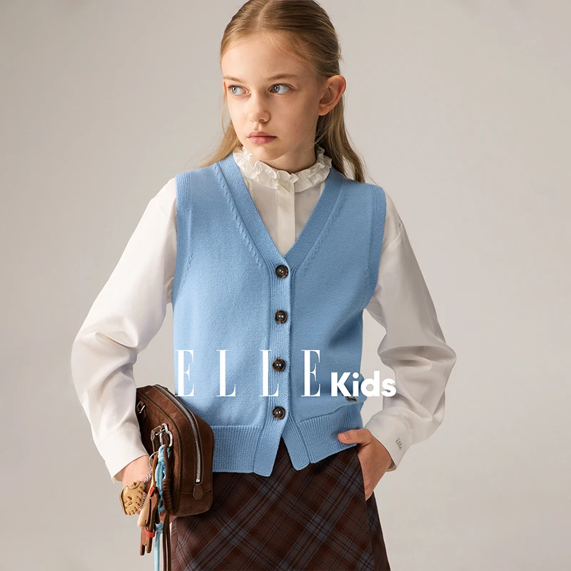 ELLE KIDS童装法式V领毛衣马甲女儿童秋季新复古学院风叠穿背心Q4
