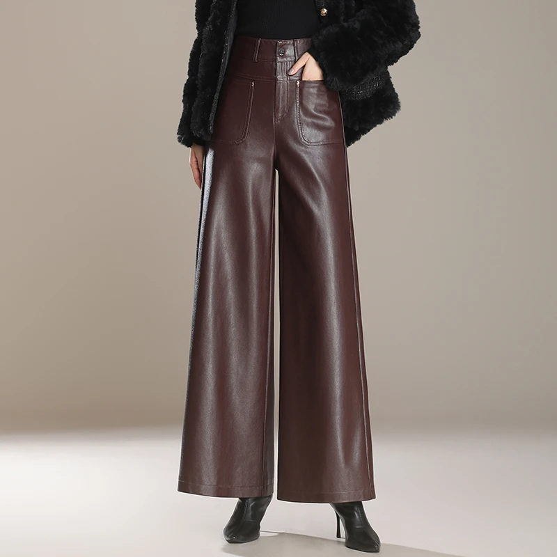 春秋阔腿裤女秋冬高腰厚款皮裤女款pu皮休闲裤子瑞丽风保暖长裤