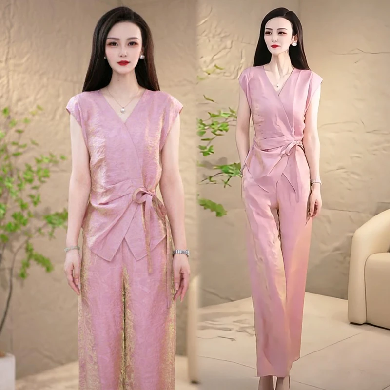 时尚套装女2025夏季新款时髦洋气设计感系带上衣阔腿裤气质两件套