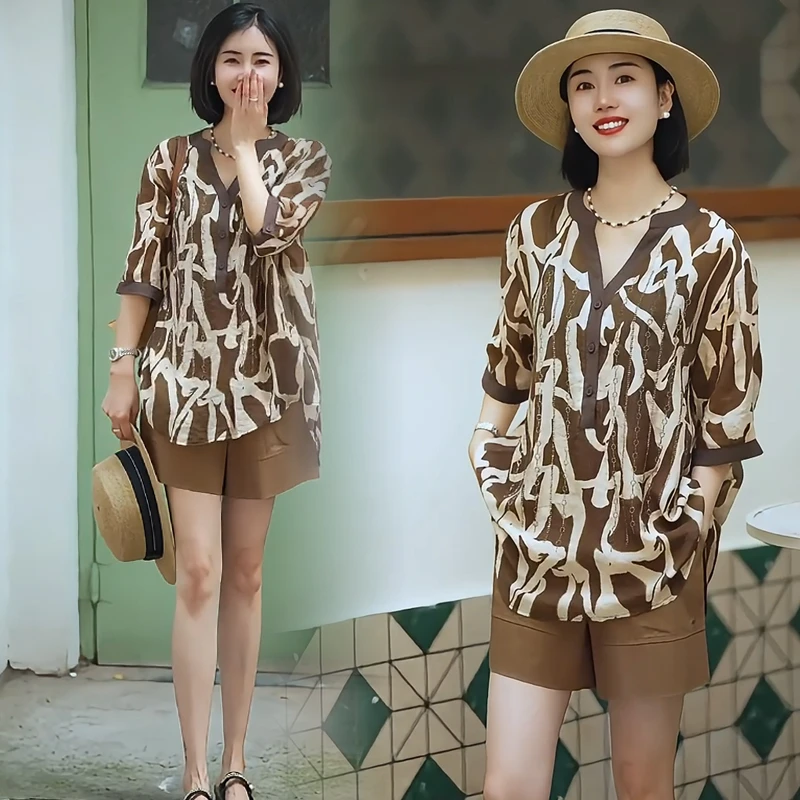 夏季新款民族风复古时尚休闲百搭宽松印花上衣韩版设计感衬衫女