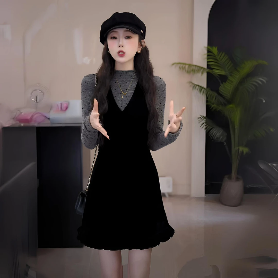 2025秋冬新款打底套装连衣裙波点打底衫丝绒背心两件套连衣裙女