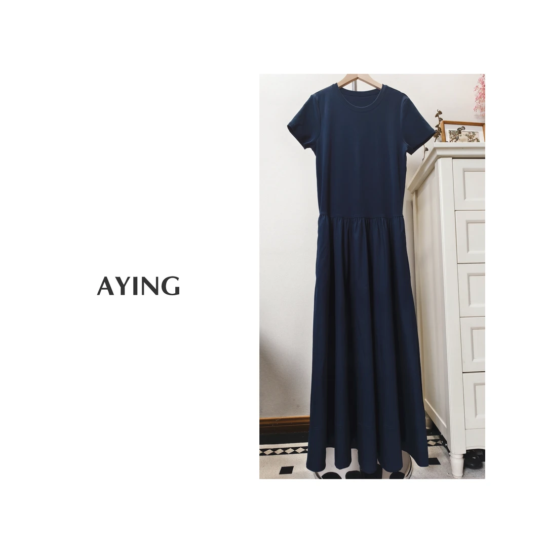 AYING 女士夏季 气质休闲收腰褶皱长款连衣裙