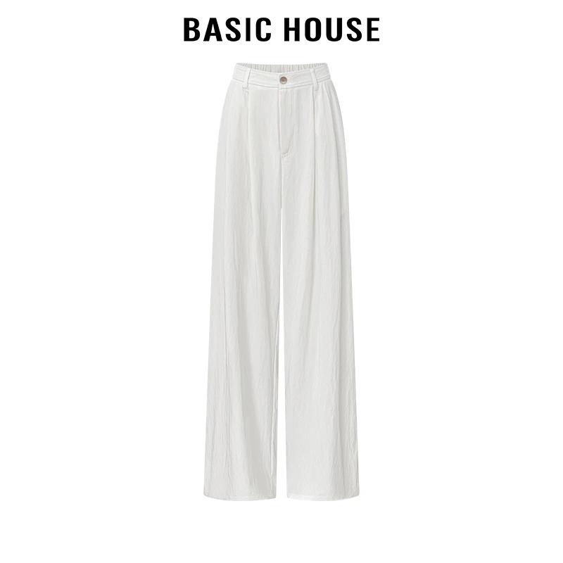 百家好/BasicHouse高腰单扣半松紧压褶阔腿裤女垂感通勤时尚长裤