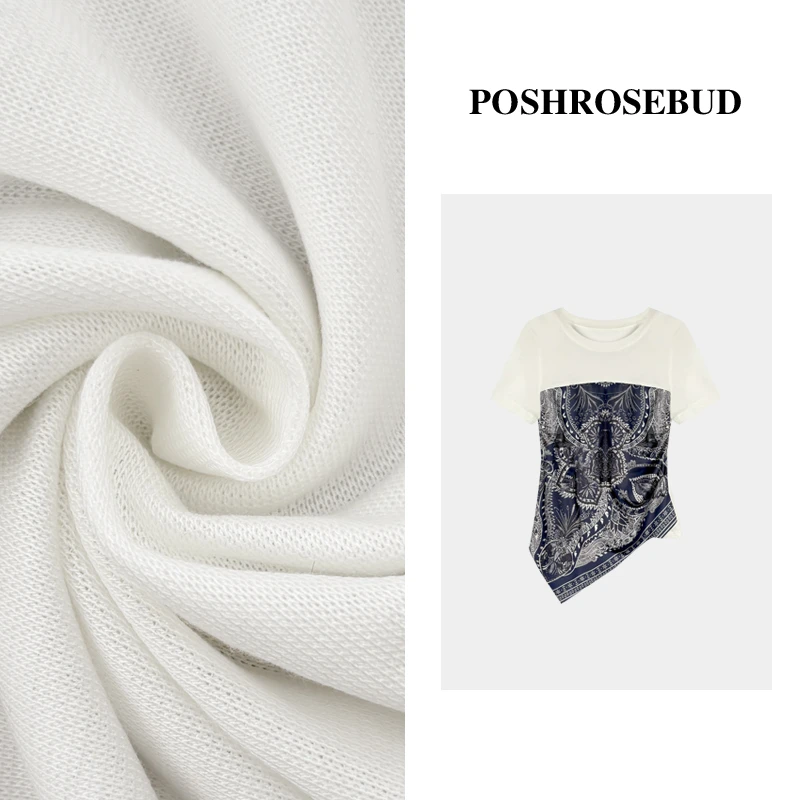 POSHROSEBUD设计师复古撞色印花天丝斜裁短袖百搭T恤-LT0254
