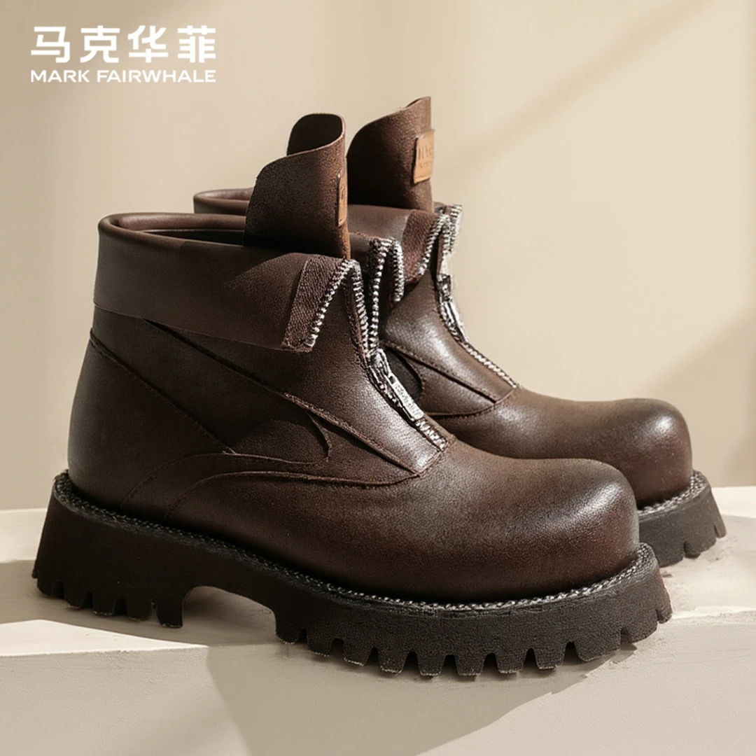马克华菲靴子男秋冬季新款两穿拉链马丁靴高帮时尚工装靴复古皮靴