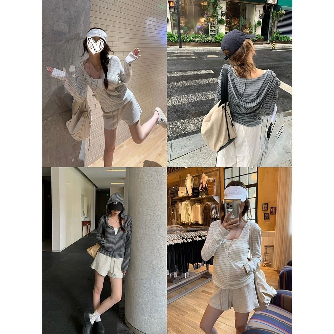 莱赛尔条纹拉链连帽防晒上衣针织长袖休闲韩版慵懒风薄款外套女