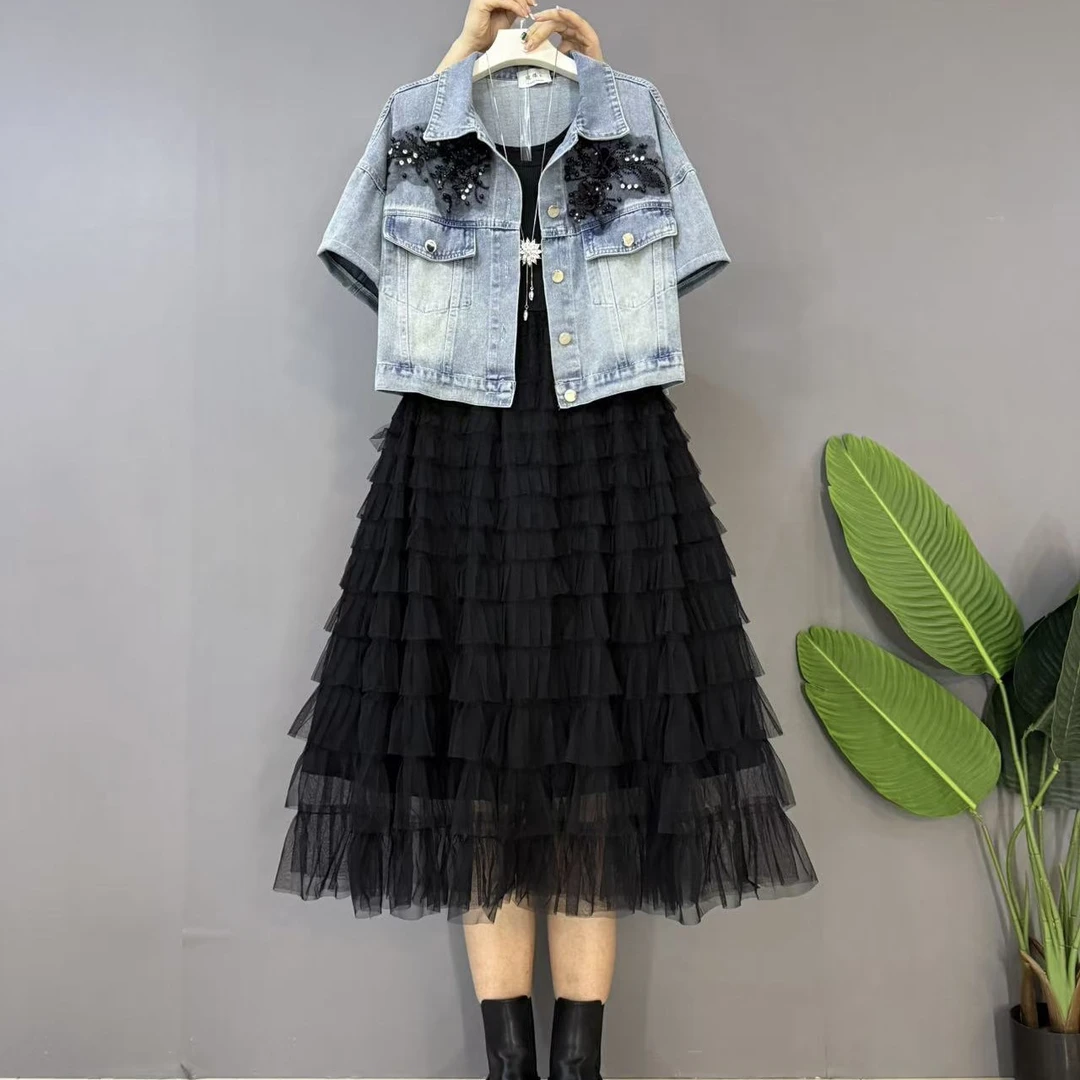 新款大码女装时尚洋气重工立体花朵设计牛仔外套蛋糕裙套装可单拍