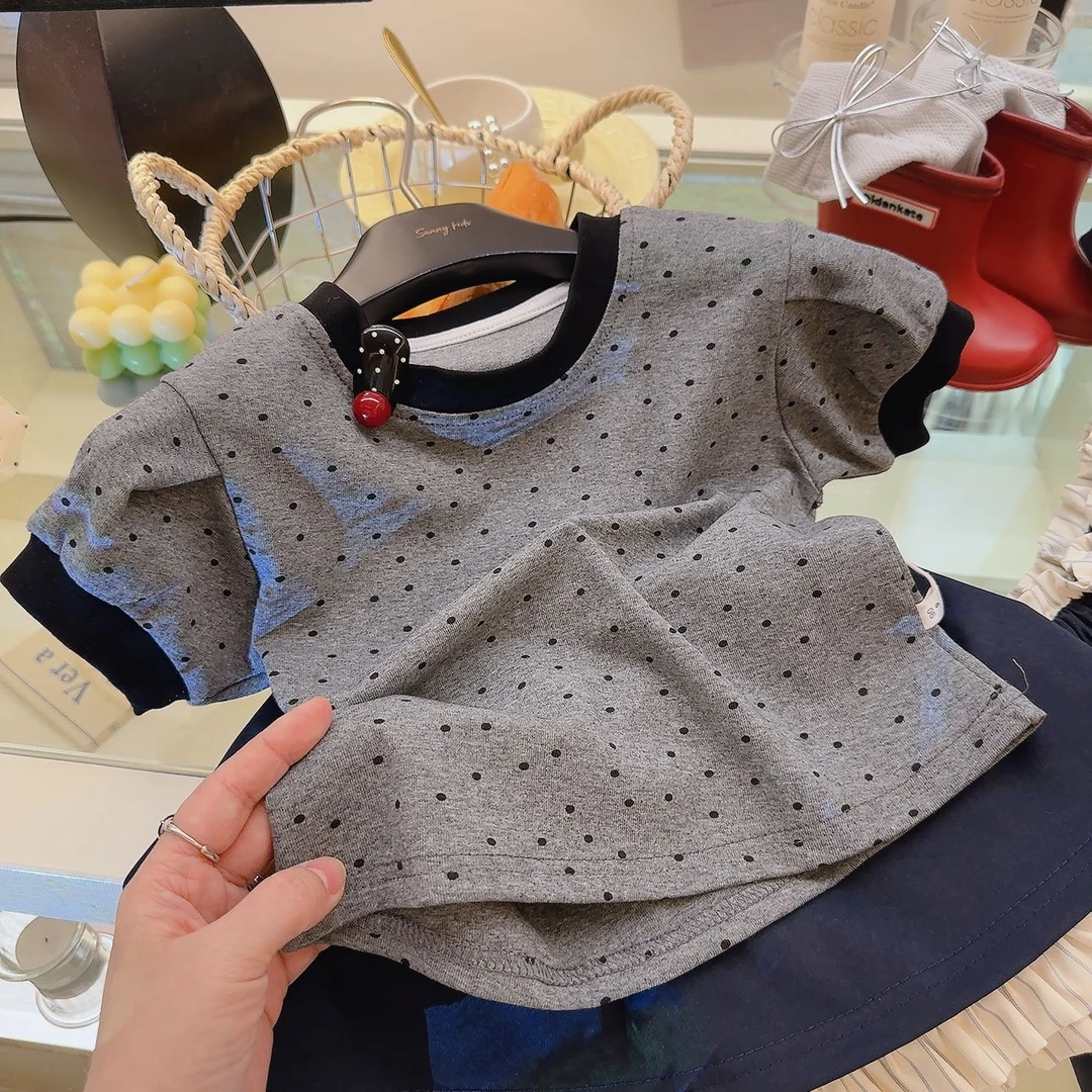 儿童夏装波点复古泡泡袖短袖T恤上衣女童打底衫百搭时尚