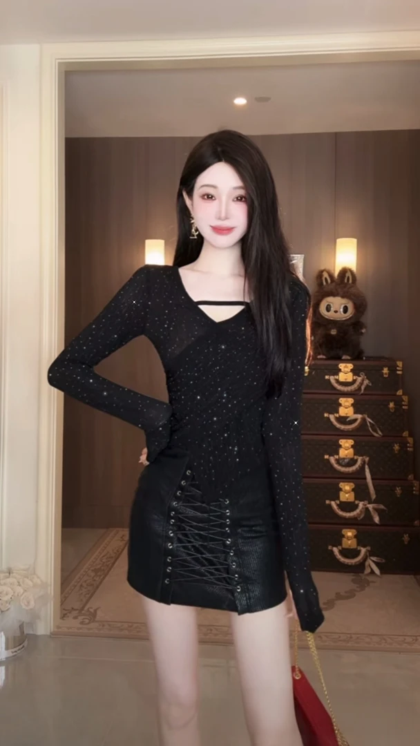 【雅乔定制】不规则设计感烫钻针织打底衫女长袖DYHH-25082014