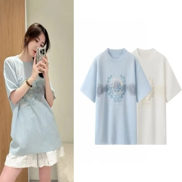 2025夏季新款时尚宽松休闲刺绣短袖针织衫D096