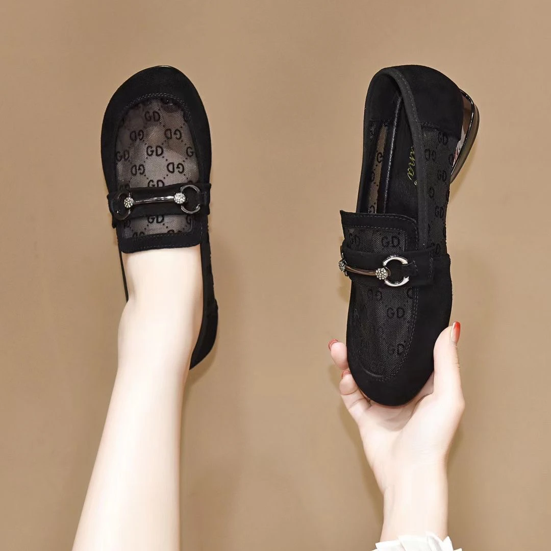 网纱真皮乐福鞋女夏季2025新款磨砂皮粗跟单鞋春秋款软底大码女鞋