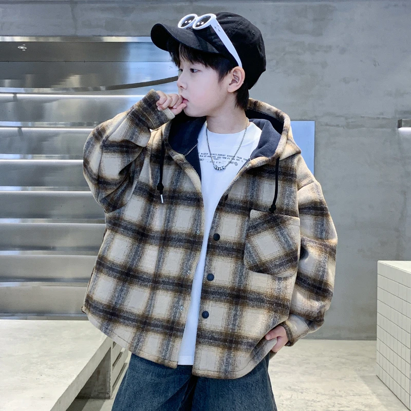 男童加绒外套秋冬款格子连帽洋气韩范2025新款中大童男孩毛呢上衣
