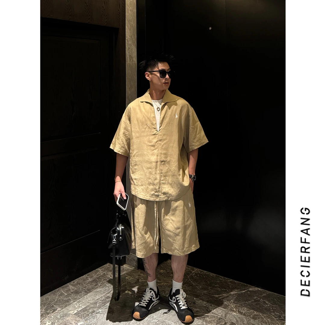DF 老钱风亚麻莱赛尔贵气松弛感夏男假两件短袖上衣+短裤休闲套装