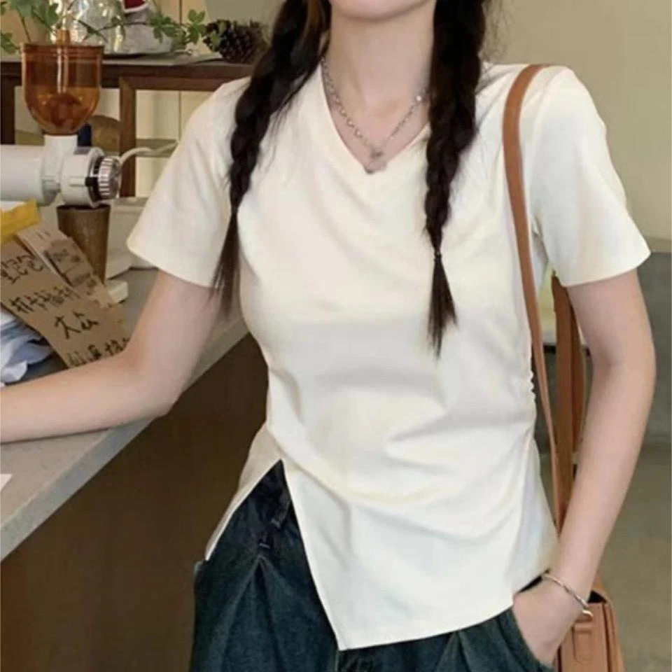 设计感V领短袖T恤女夏季新款显瘦开叉褶皱遮肚子辣妹时尚上衣设计