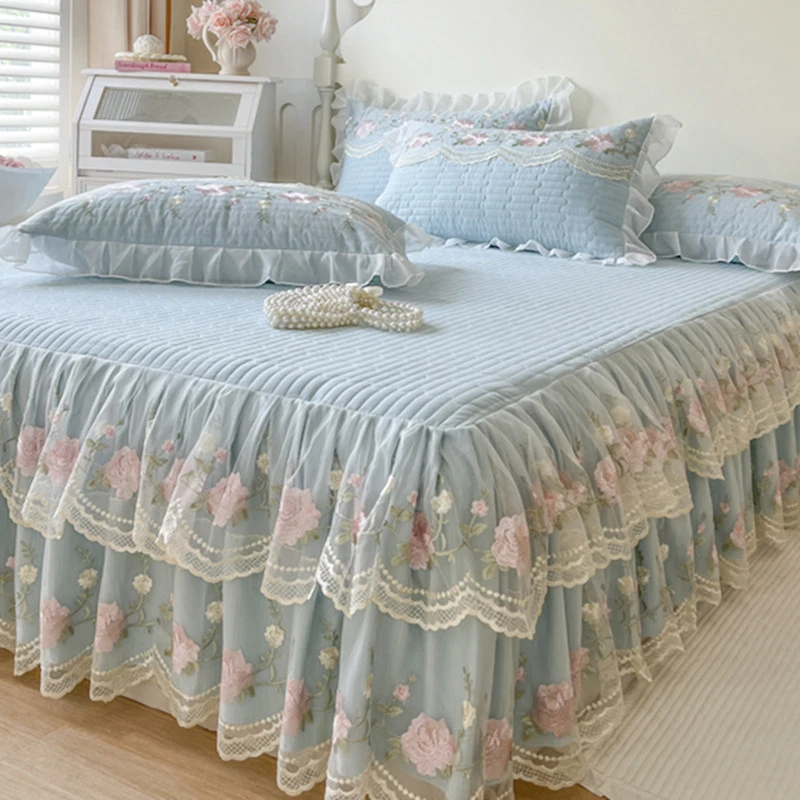 韩版公主风夹棉床裙床罩单件防滑加厚裙式床单防尘四季款双人床盖