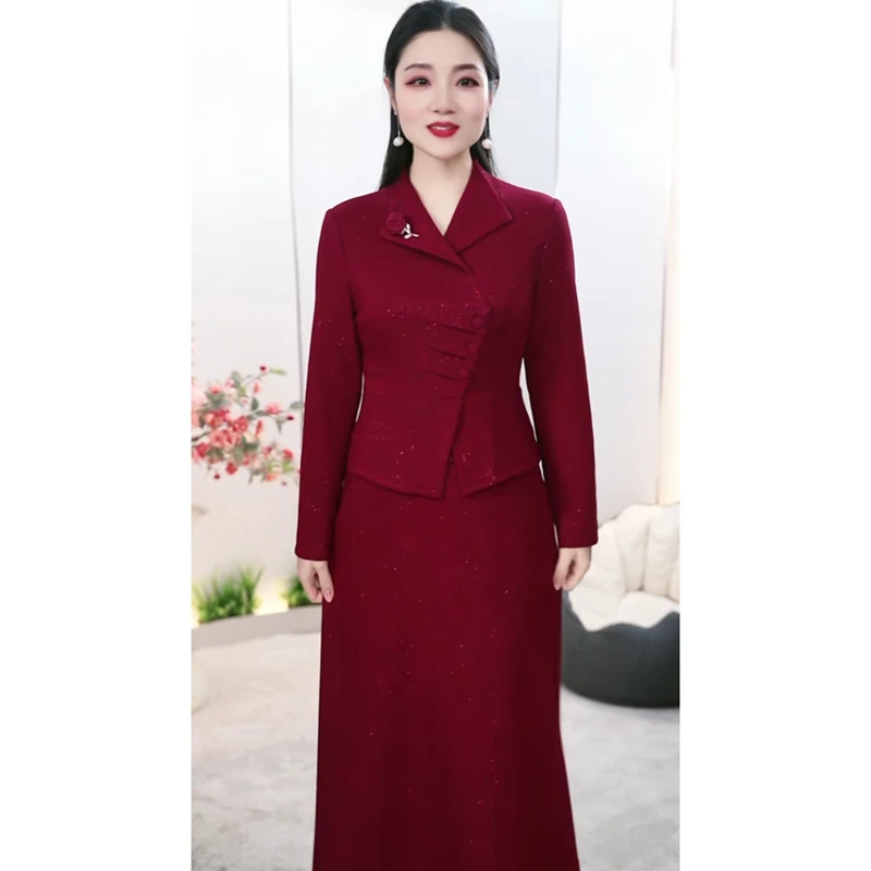 恒瑞慧丽3628新款气质妈妈喜妈妈高端典雅连衣裙红色时尚